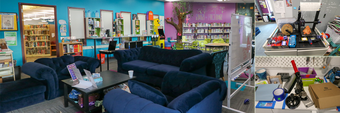 Interior view of the Teen Room in the Library, showing seating and bookshelves, and two panels highlighting the department's 3D printer and button maker.